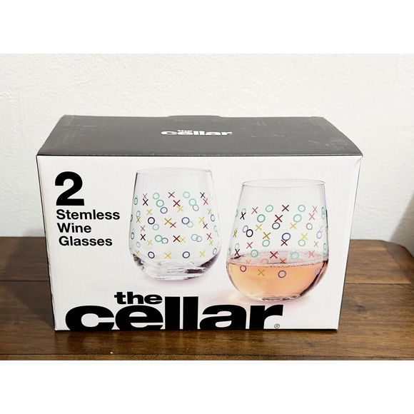 NWT: The Cellar - Set of 2, Multicolor, X's and O's Stemless Wine Glasses - Picture 2 of 3